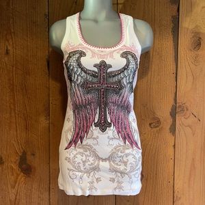 NWT VOCAL TANK TOP MOTO angel WINGS CROSS SM-3X white Harley biker (4-colors)